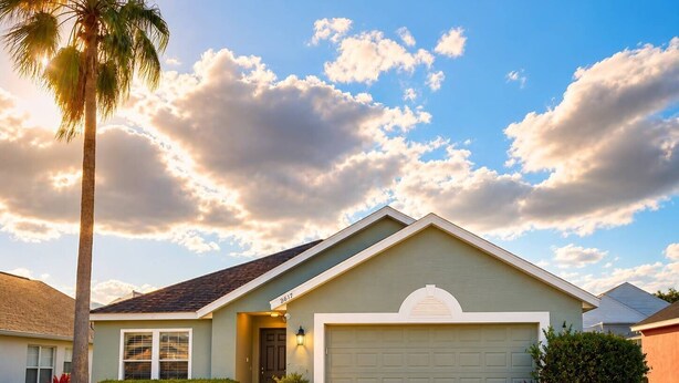 Una casa de una planta con garaje, césped cuidado y una palmera.