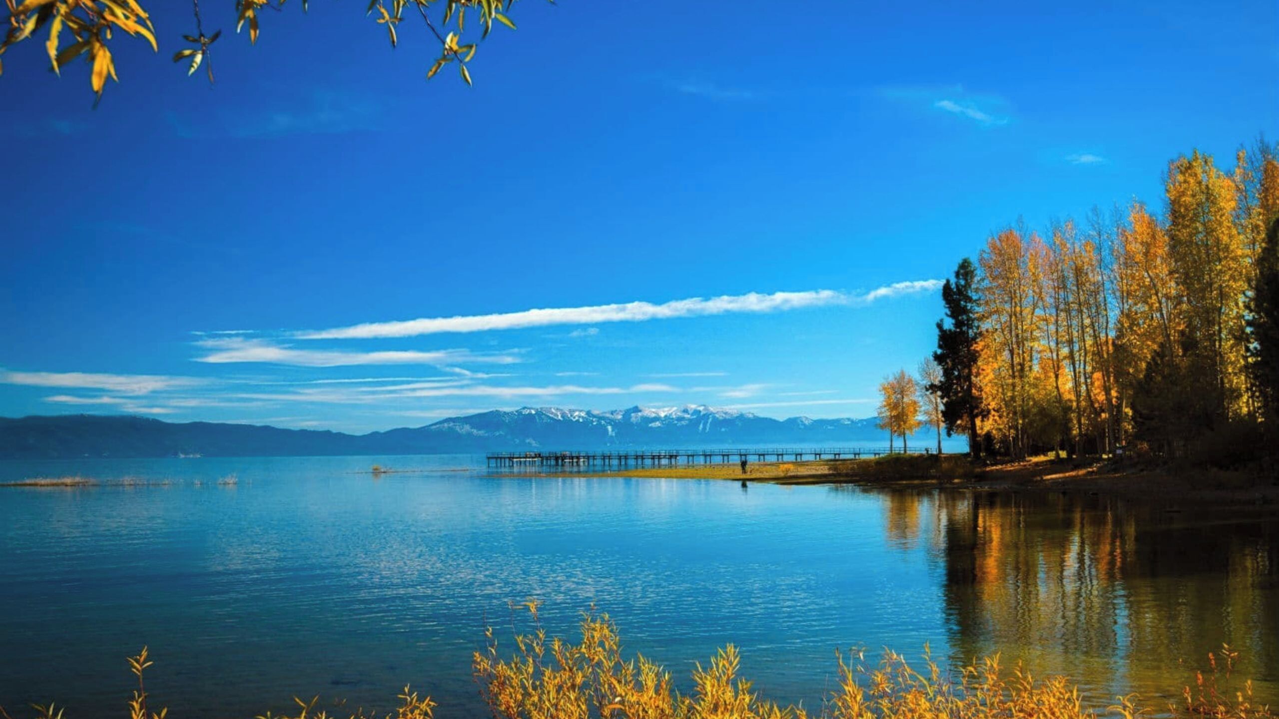 A calm lake with a pier extending into the water, surrounded by trees and mountains in the distance.