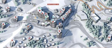 Une carte détaillée d’une station de ski indiquant l’emplacement des hébergements, des commodités et des services.