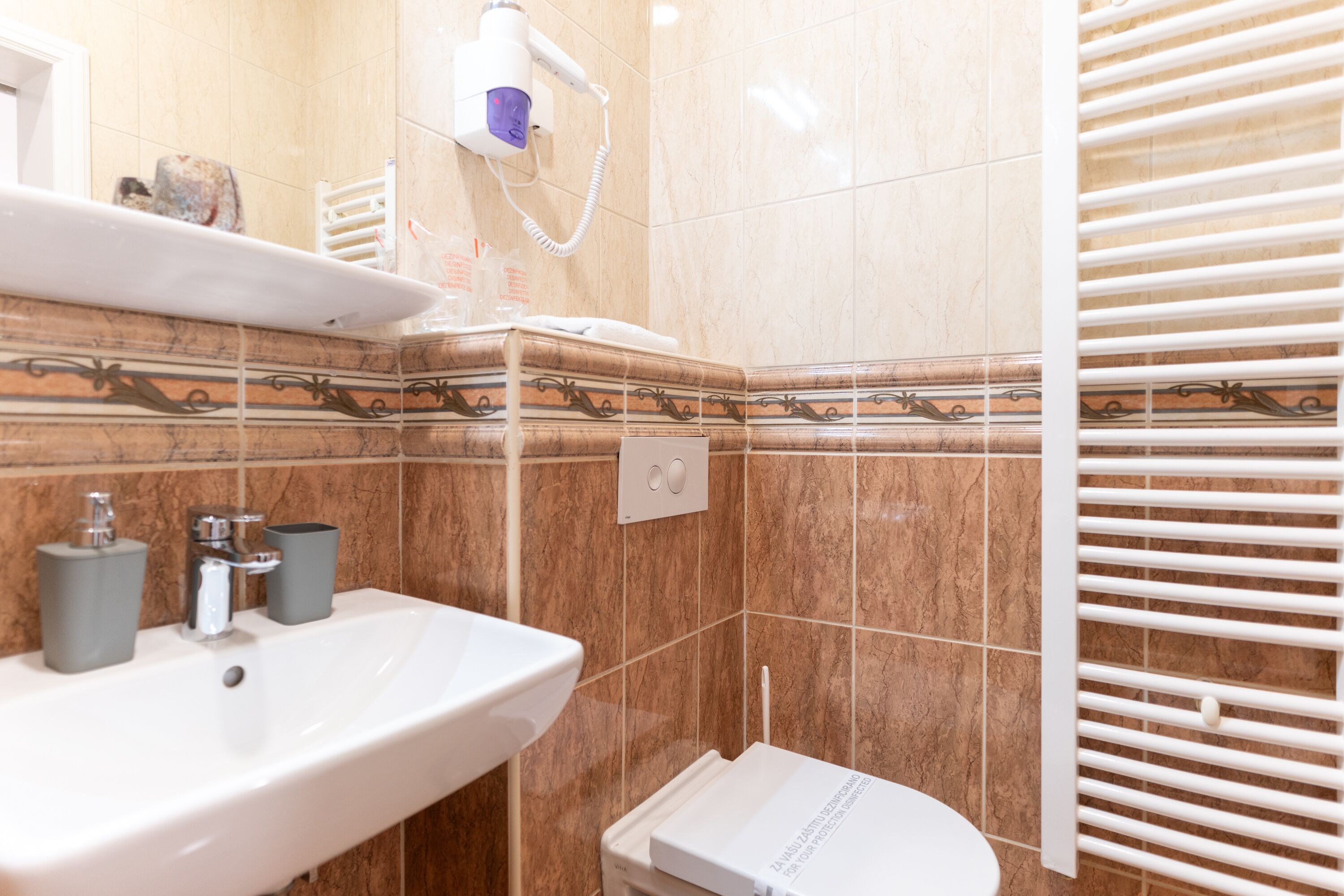 A bathroom with a white sink, a mirror, a towel rack, a shower head, and a toilet.