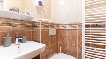 A bathroom with a white sink, a mirror, a towel rack, a shower head, and a toilet.