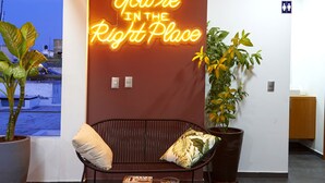 A modern interior with a neon sign, a potted plant, a round table with snacks, and a comfortable chair. - Casa Cheljo (Guadalajara)