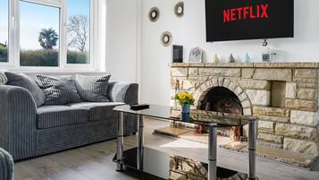 TV, fireplace, table tennis, books