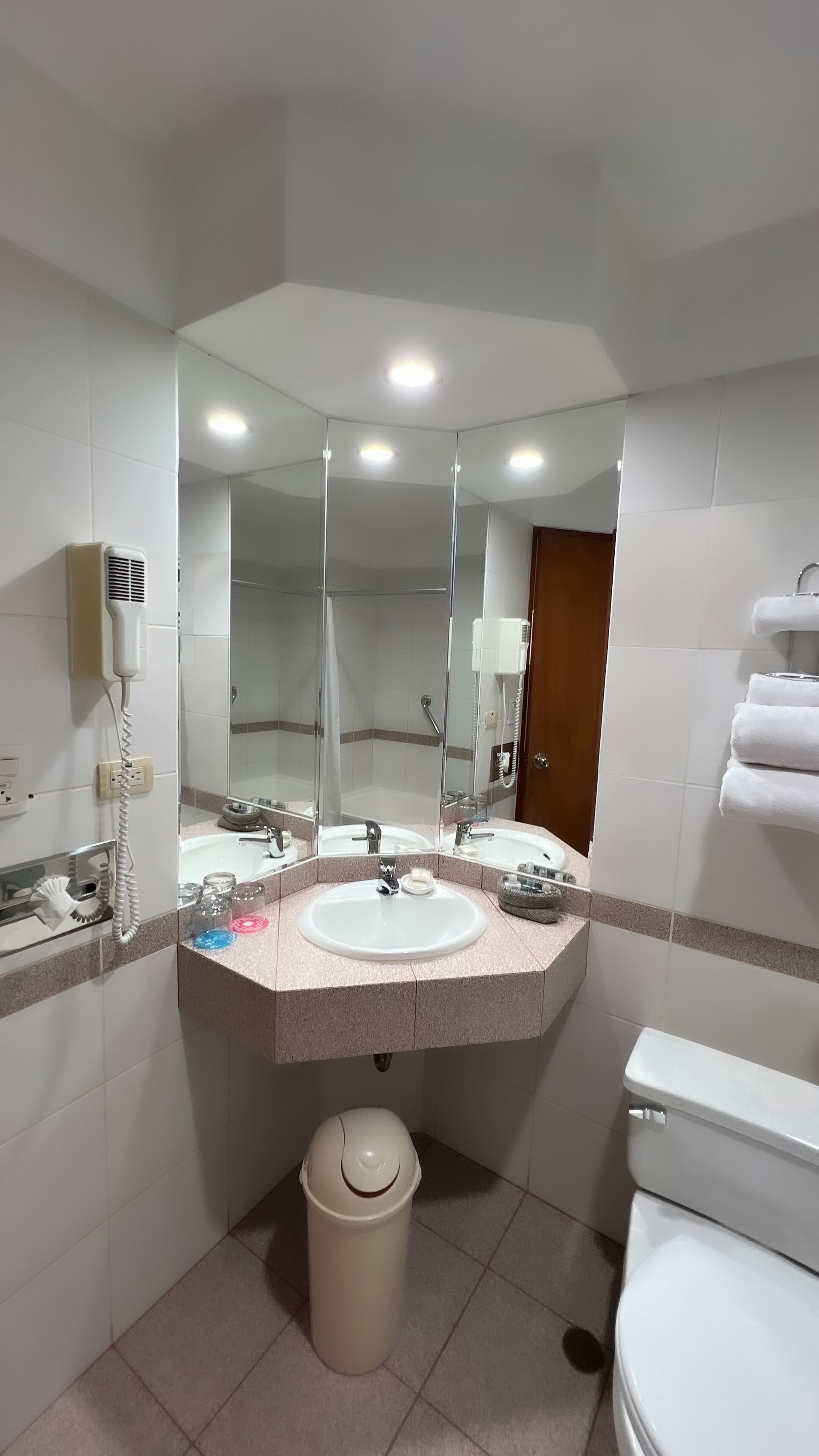Un baño con dos lavabos, un espejo, un inodoro y un cubo de basura.