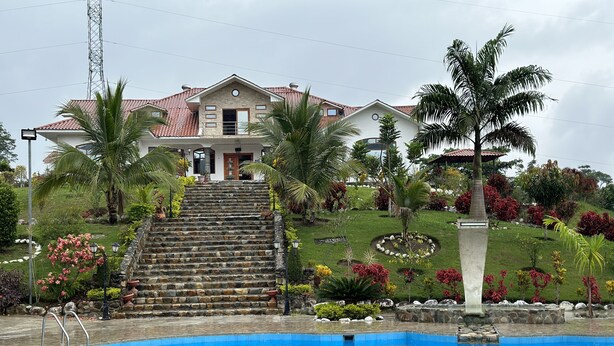 Une maison avec une piscine, des escaliers en pierre et un aménagement paysager de style tropical.