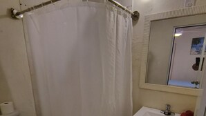 Et badeværelse med bruseforhæng, toilet, vask og et spejl over vasken.