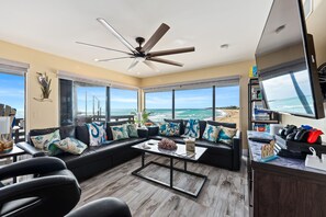 Smart TV, fireplace, video games, DVD player