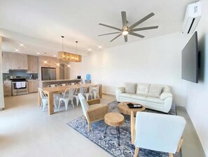 Smart TV, table football, ping pong, music library