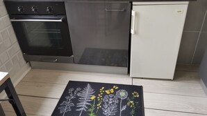 Uma cozinha com fogão, forno, pia e geladeira.