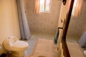 Shower, hair dryer, towels, soap
