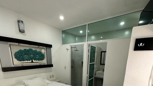 Una habitación de hotel moderna con una cama grande, ducha y baño con paredes de vidrio.