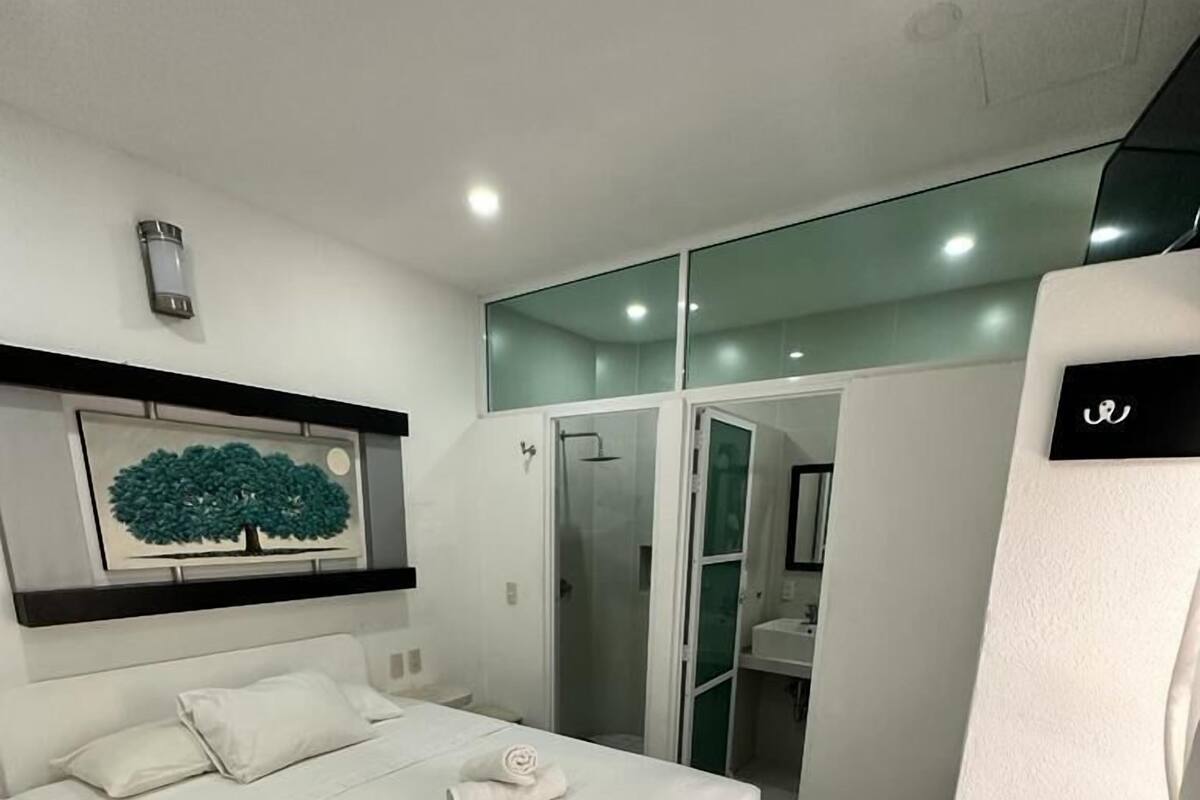 Una habitación de hotel moderna con una cama grande, ducha y baño con paredes de vidrio.