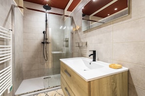 Shower, hair dryer, towels