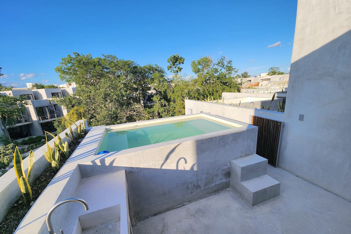 A rooftop pool with a concrete edge and a metal faucet, surrounded by greenery and modern buildings.