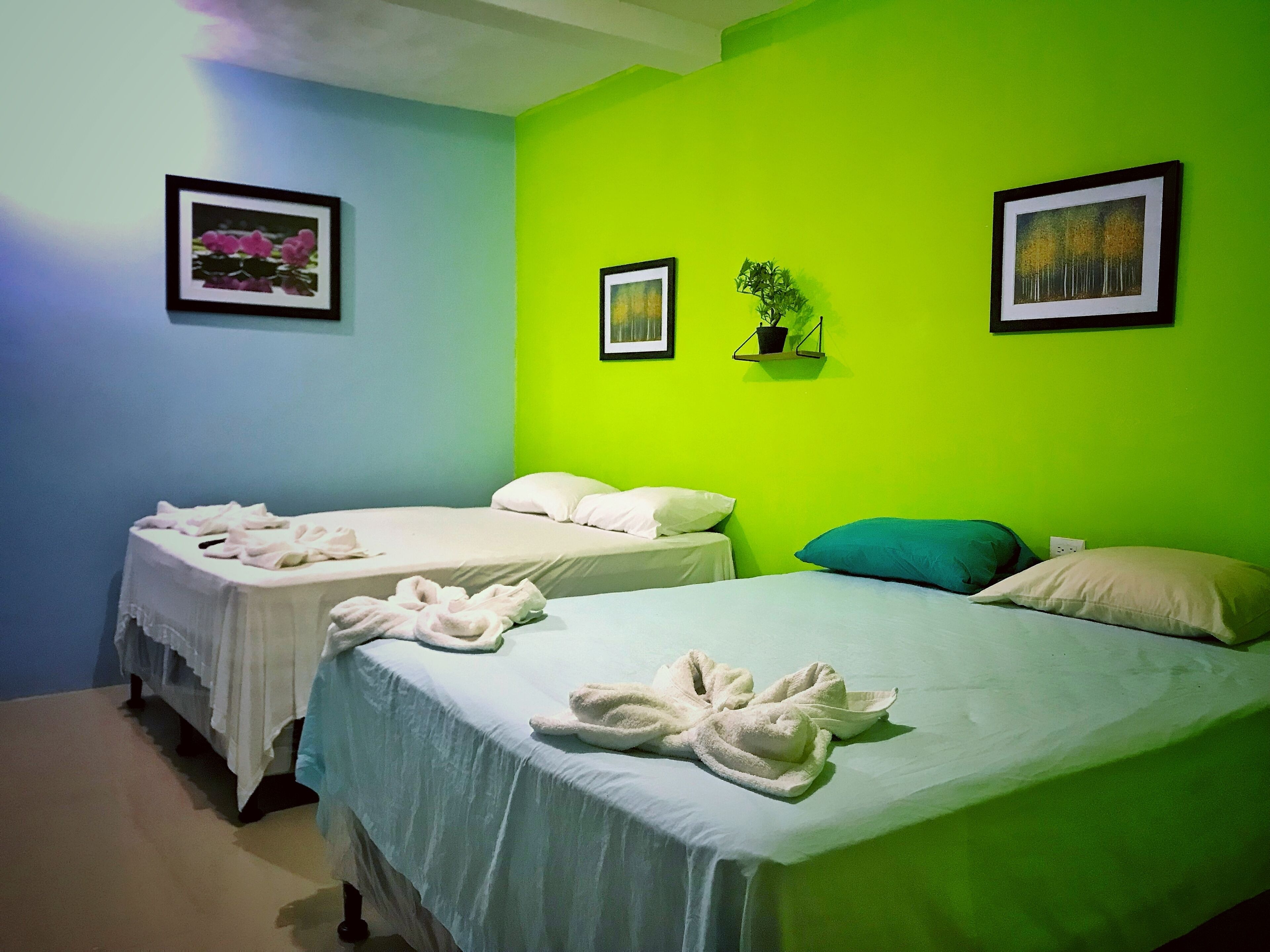 A room with two beds, each with white linens and towels. There are two framed pictures on the walls, one of flowers and one of trees.