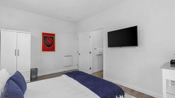 Un dormitorio con cama, televisión, armario y puerta.