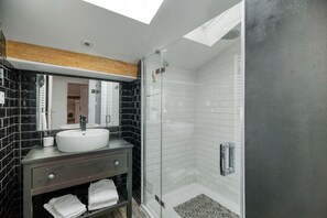 Shower, hair dryer, towels