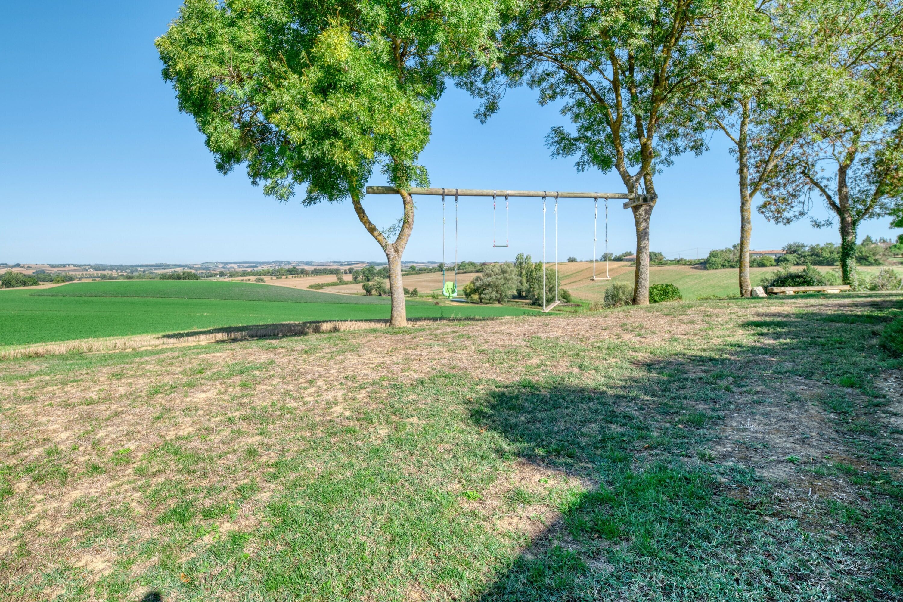 A grassy field with a swing set and trees.