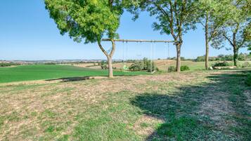 A grassy field with a swing set and trees.