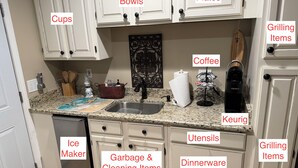 A kitchen with labeled categories for bowls, cups, plates, coffee, and utensils. - Hidden Oasis in Scottsboro, AL (Scottsboro)