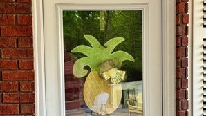 A white door with a glass panel featuring a pineapple decoration. - Hidden Oasis in Scottsboro, AL (Scottsboro)