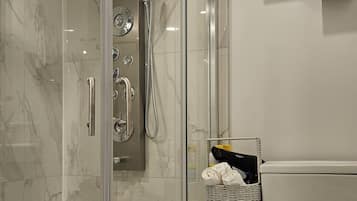 Hair dryer, towels, soap, toilet paper