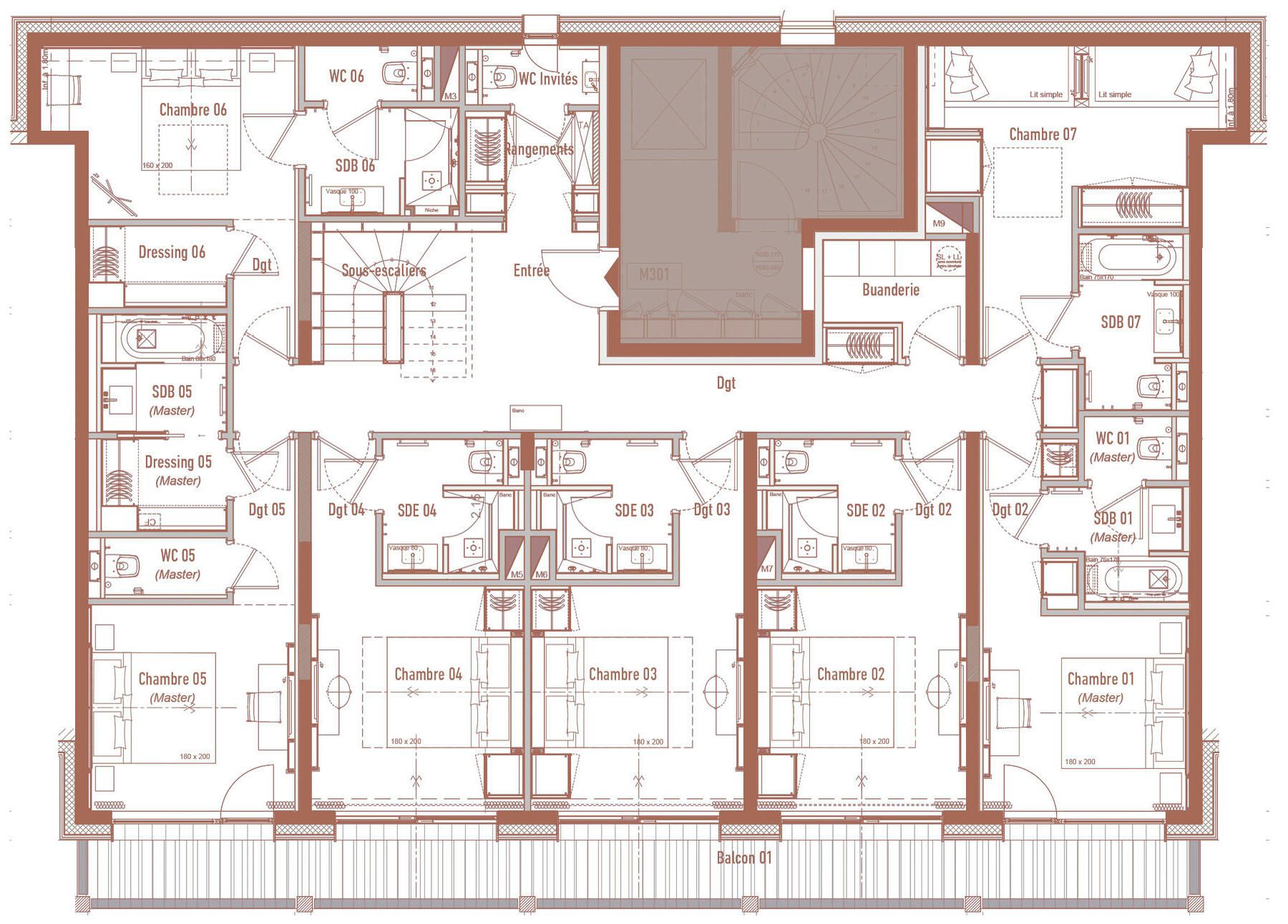 A hotel floor plan with multiple rooms, including master suites, standard rooms, and a balcony.