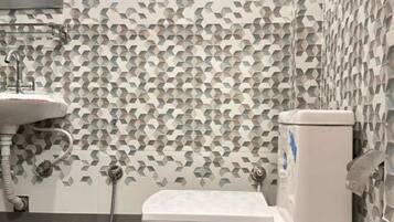 Hair dryer, towels, soap, shampoo