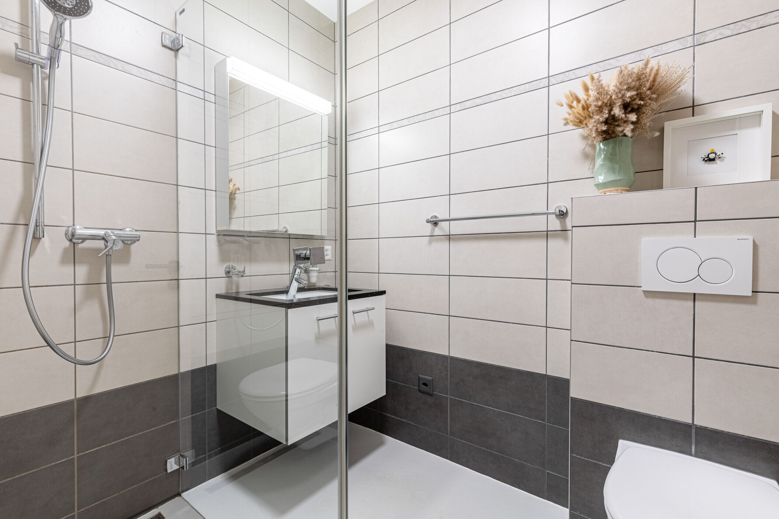 A modern bathroom with a glass shower enclosure, a white toilet, and a vanity with a mirror.