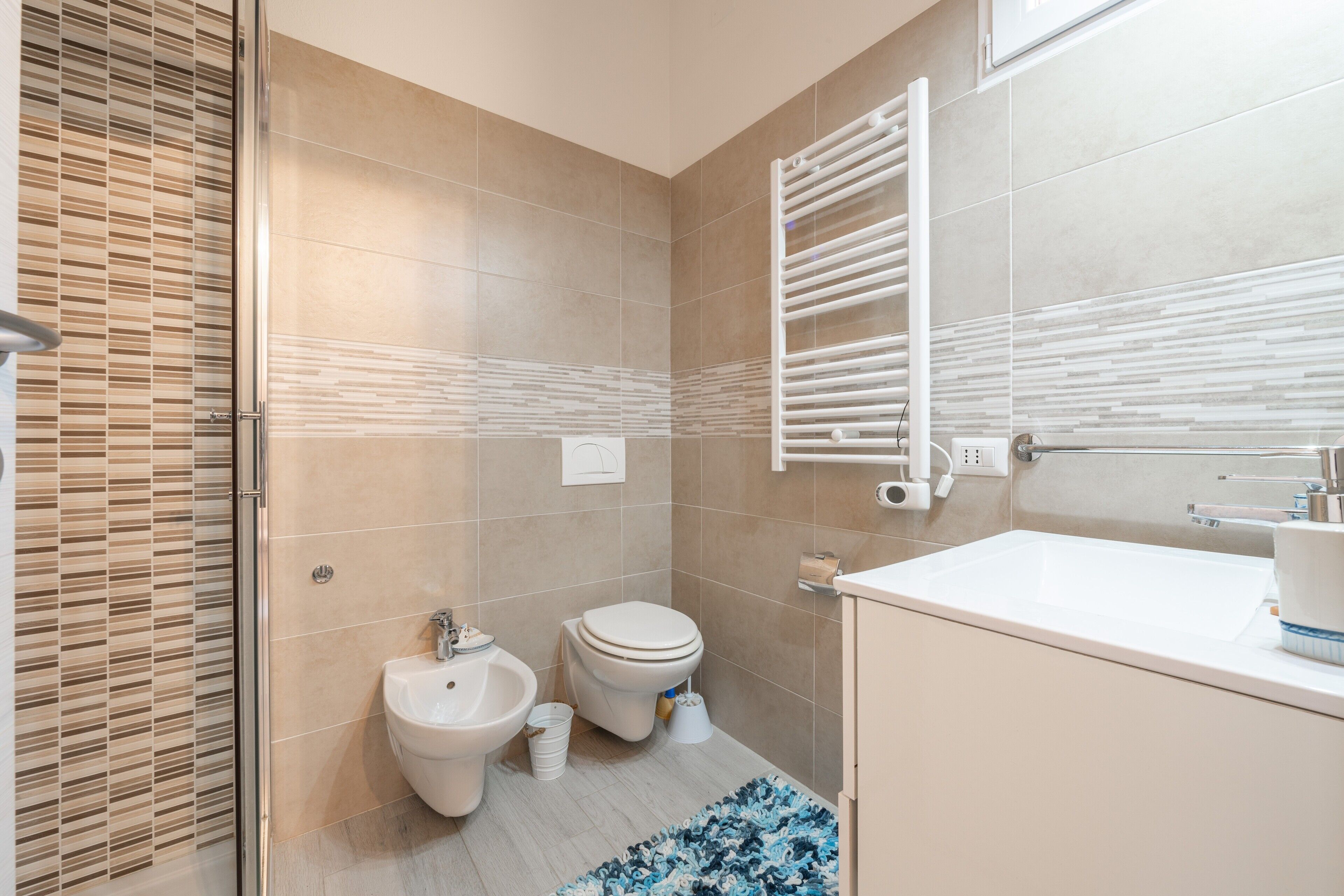 Shower, hair dryer, towels