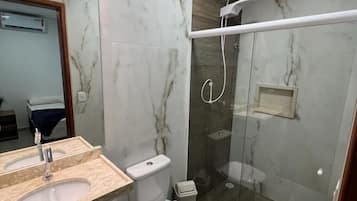 Shower, free toiletries, towels, soap