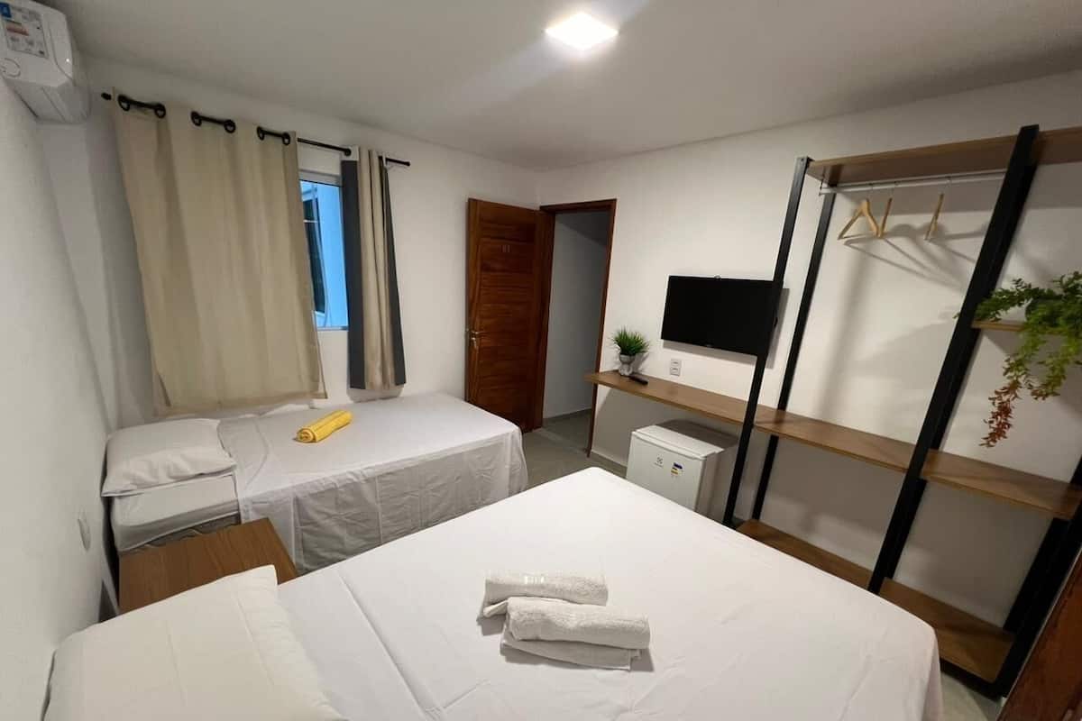 A hotel room with two beds, a desk, a TV, and a plant.