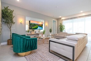 Smart TV, fireplace, video games, foosball