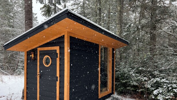 Eine kleine Holzhütte mit einer Holztür und einem Fenster, umgeben von einem verschneiten Wald.