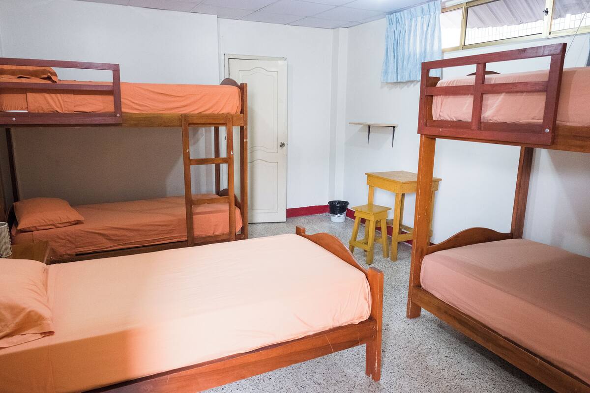 A dormitory room with bunk beds, a wooden desk, and a door.