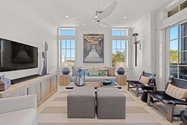 TV, DVD player, video library, stereo