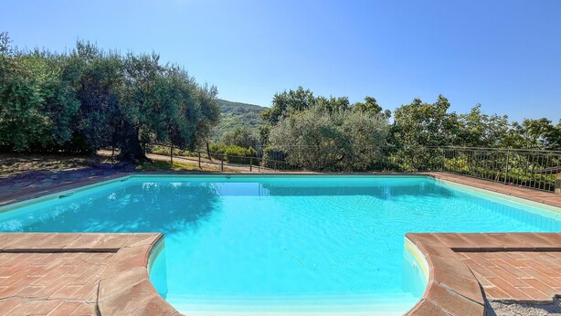 Piscina rectangular con superficie de agua azul cristalina, rodeada por un patio de ladrillo y una cerca metálica.