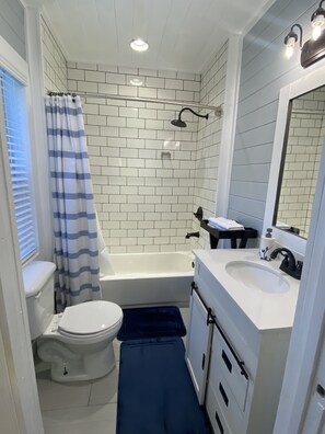 Hair dryer, towels, soap, shampoo