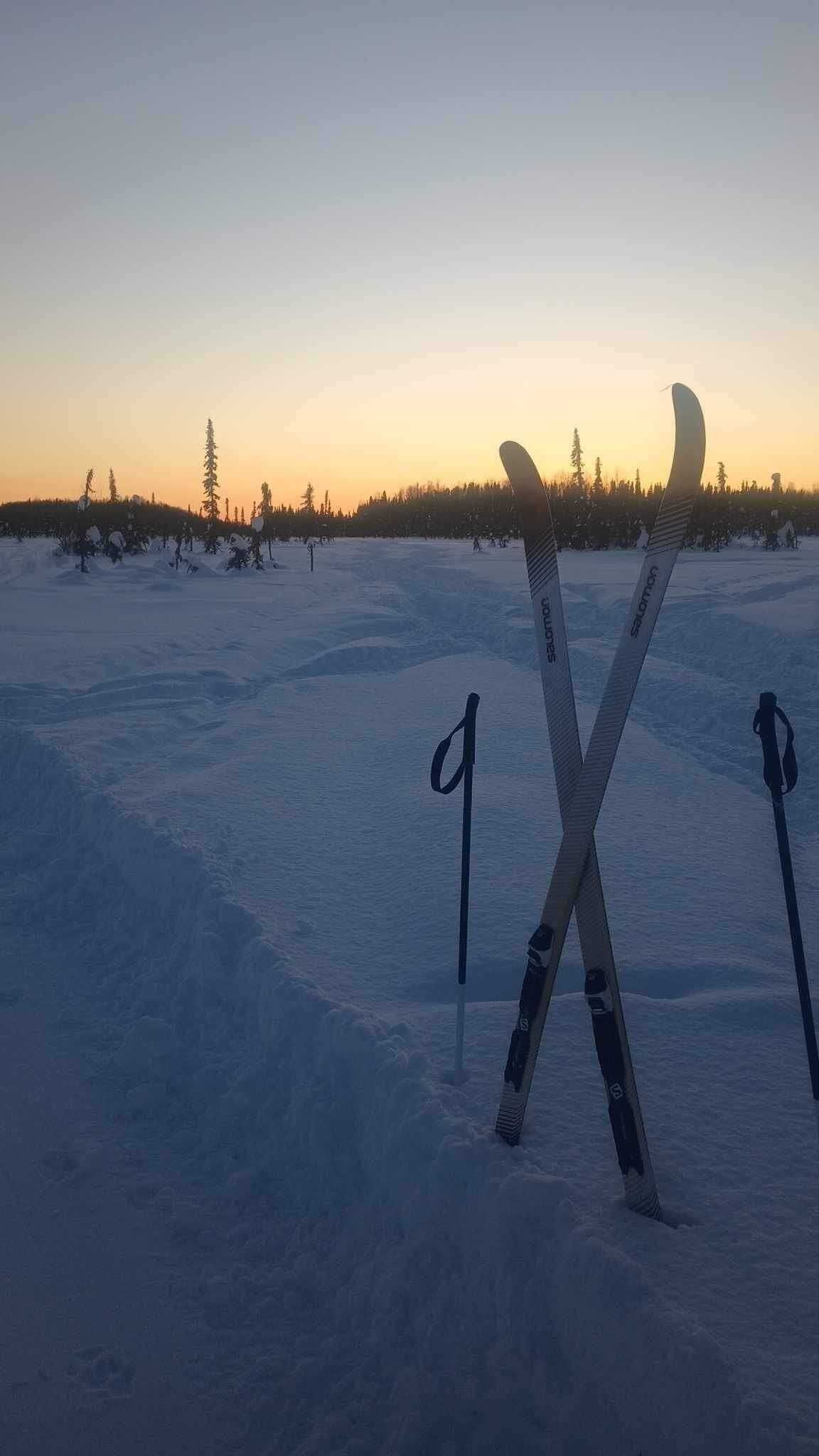 Ett par skidor och ett par stavar låg korsade i snön.