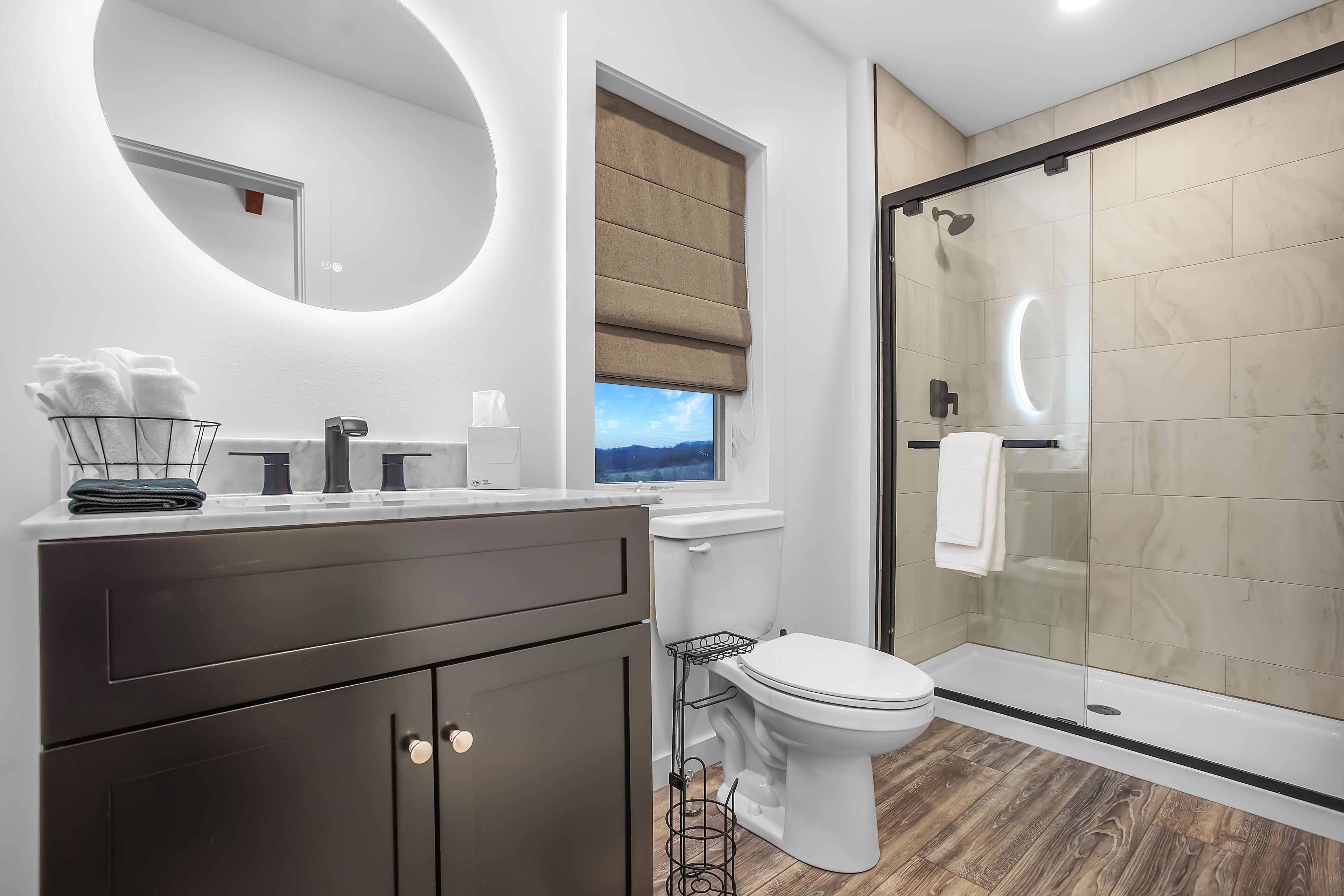 Shower, eco-friendly toiletries, hair dryer, towels