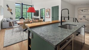 A modern kitchen with a granite countertop, a built-in dishwasher, and a large window overlooking a green landscape.