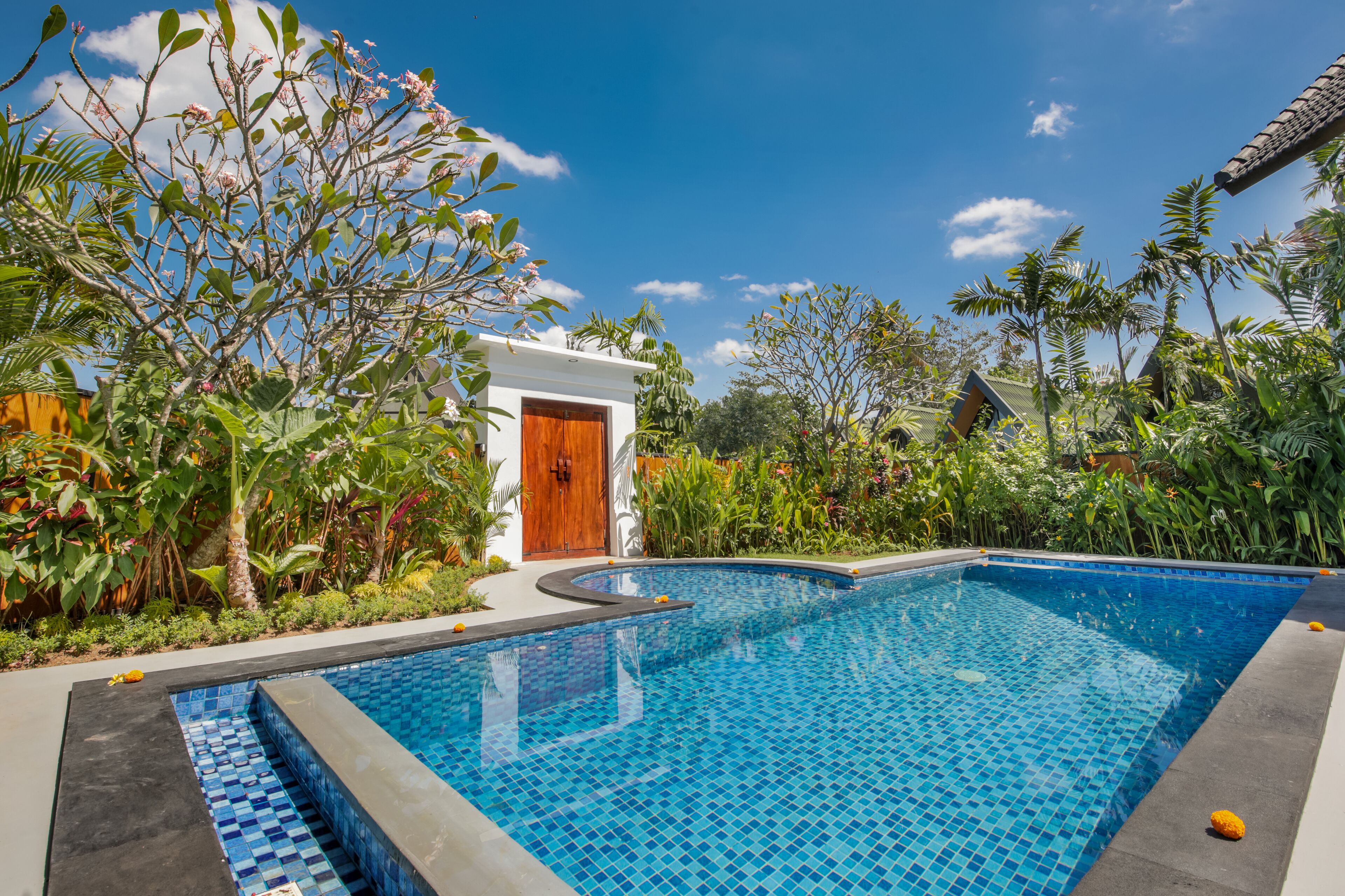 A swimming pool with a tiled edge, surrounded by lush greenery and a white building with a wooden door.