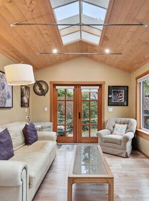 TV, fireplace, books