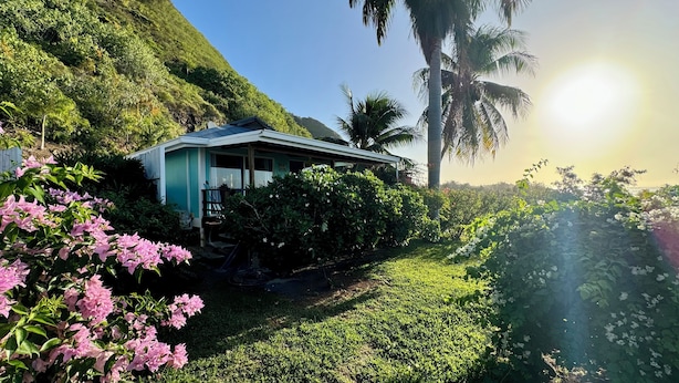 A house with a sloped roof, surrounded by lush greenery and flowering plants. - Moemiti (Moorea-Maiao)