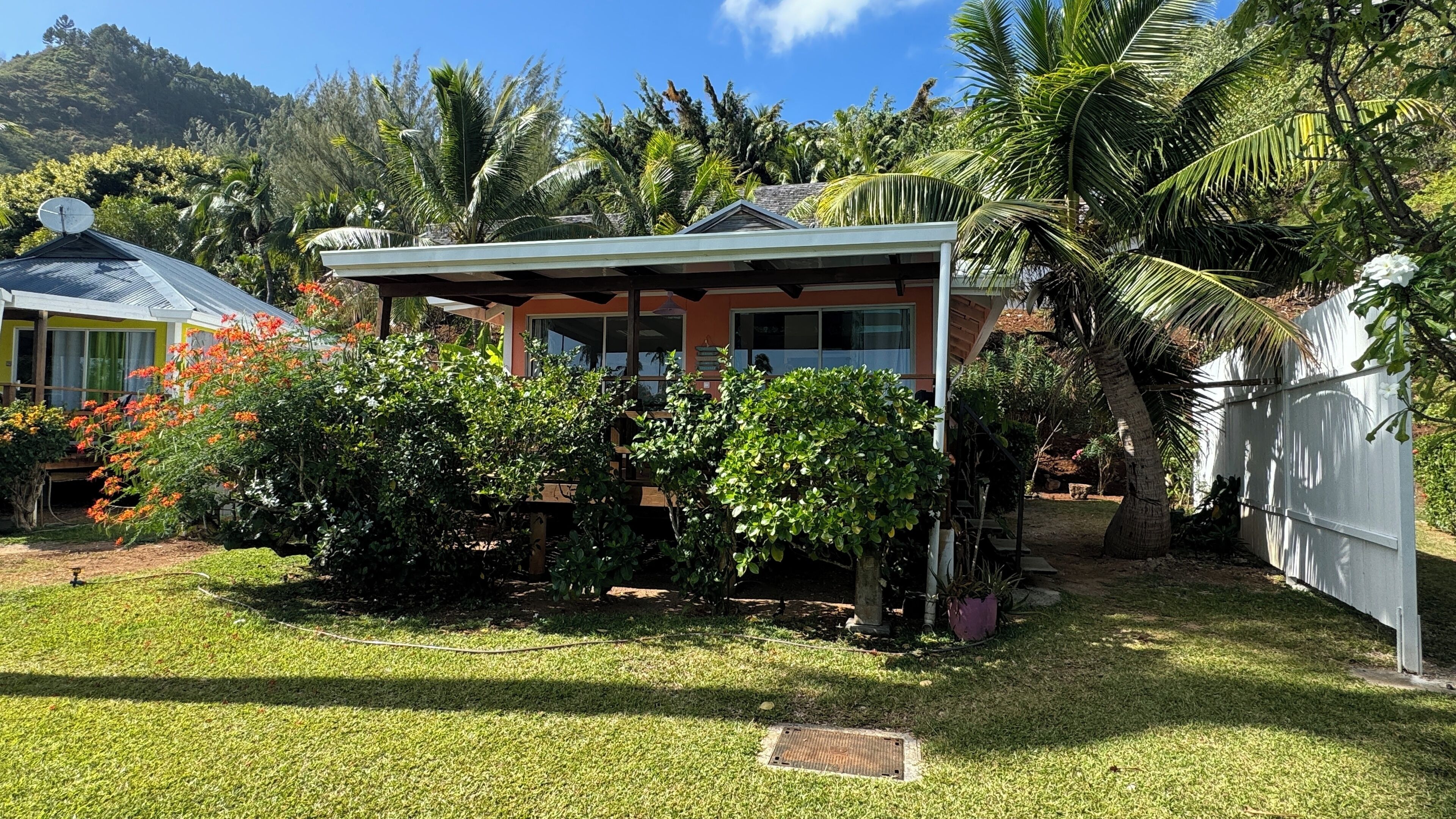 A house with a covered porch, surrounded by lush greenery and palm trees.