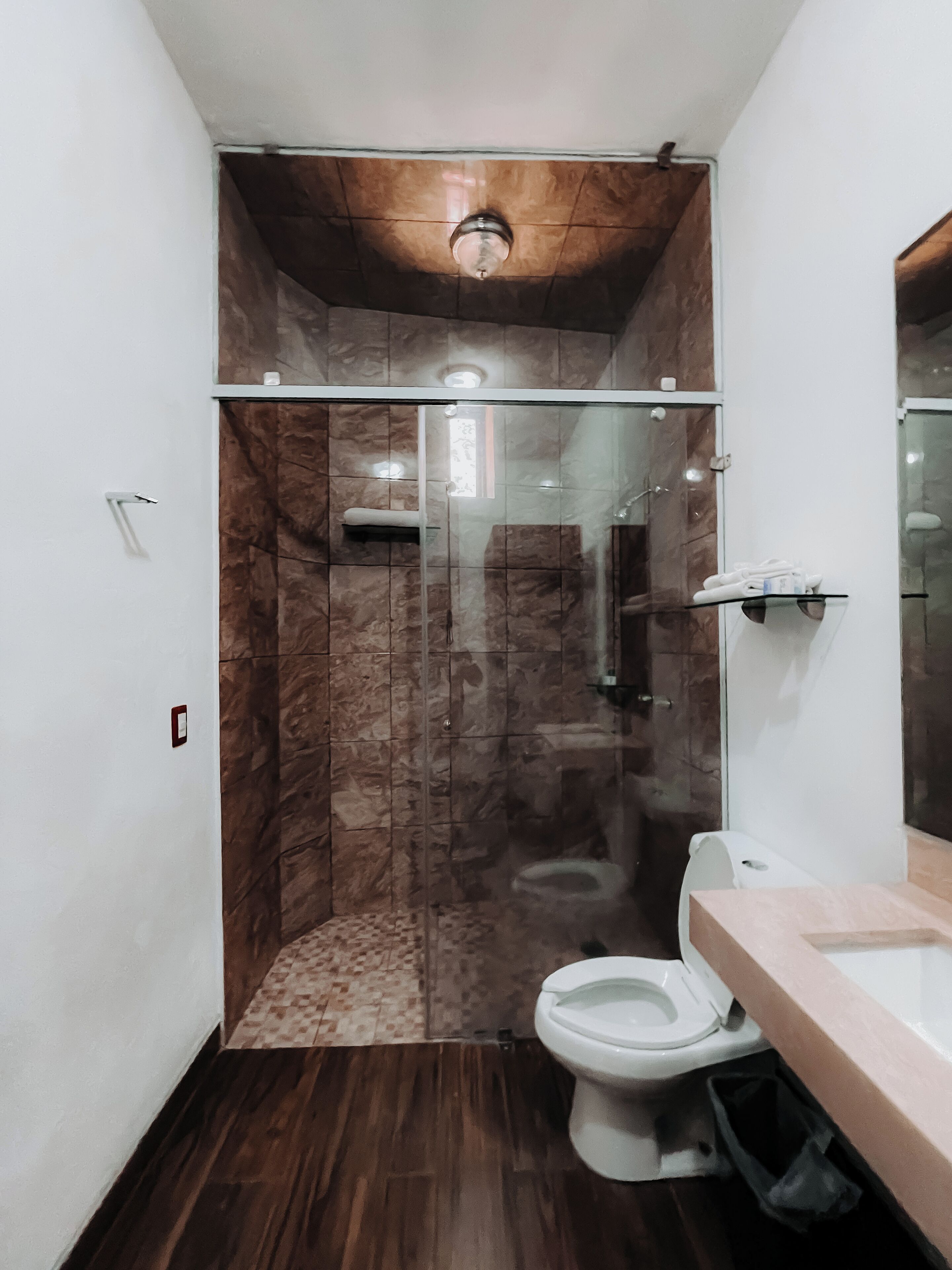 A modern bathroom with a glass-enclosed shower, a white toilet, and a wooden floor.