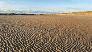 Une plage de sable fin aux ondulations douces, un ciel dégagé et des dunes lointaines.
