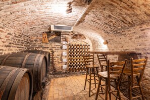 A cellar with wooden barrels, a wine rack, and rustic stone walls. - Vineyard House Boris w/ Panoramic Views, Ljutomer, Slovenia (Ljutomer)