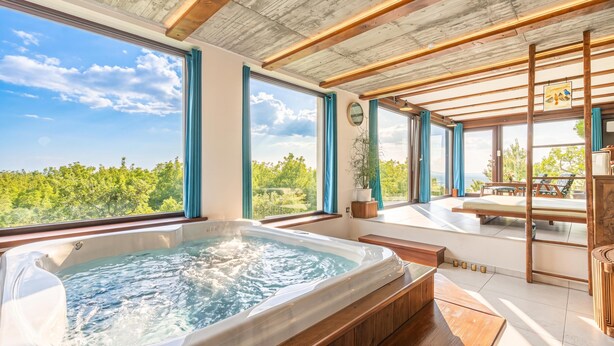 A room with a hot tub, large windows, and a view of greenery. - Vineyard House Boris w/ Panoramic Views, Ljutomer, Slovenia (Ljutomer)
