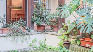 Une cour avec des plantes en pot, une porte en bois et une fenêtre donnant sur l’intérieur.